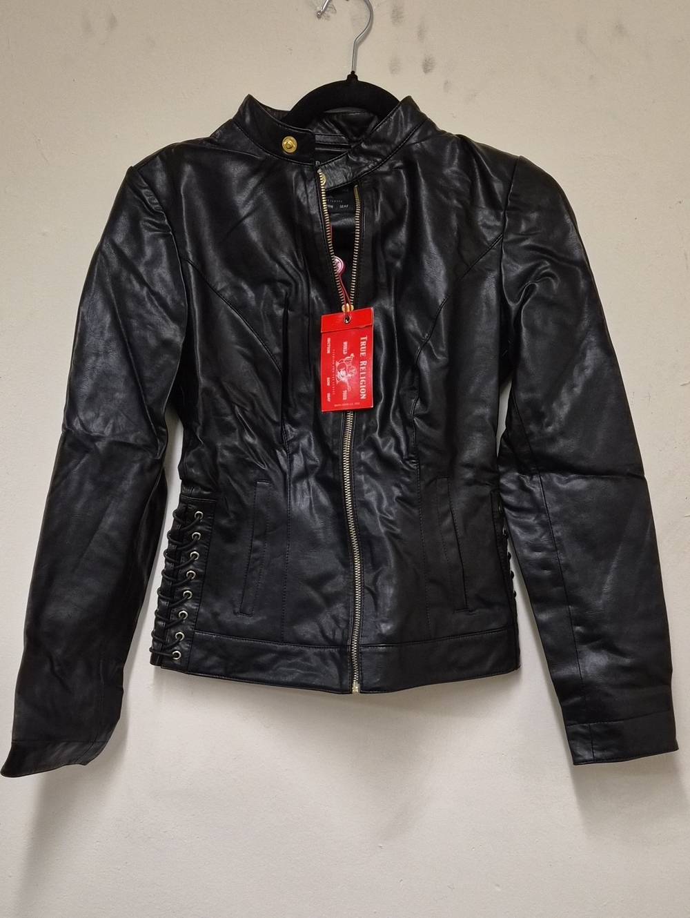 True Religion Black Faux Leather Moto Jacket with Side Lacing Size XS